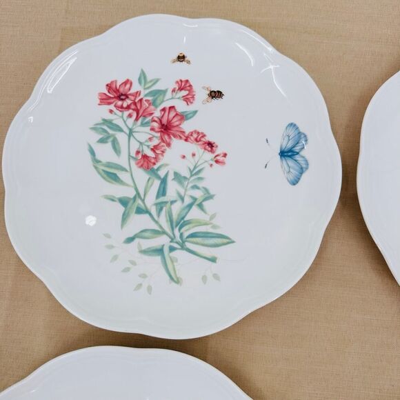 4 Lenox BUTTERFLY MEADOW Porcelain Salad Luncheon Plates 9" Scalloped Edge - Picture 5 of 10
